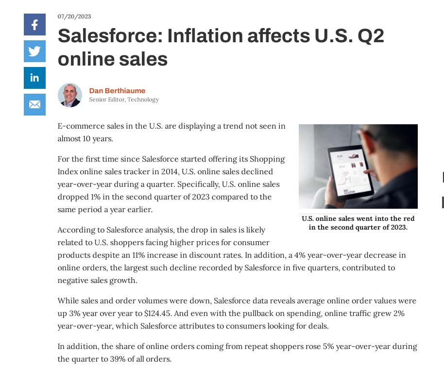 美国电商市场二季度销售额和订单双双下降，出现十年来首次负增长